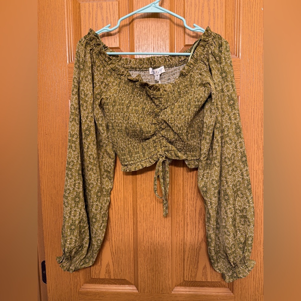 She + Sky Floral Green Smocked Women's Croo Top Off the Shoulder
